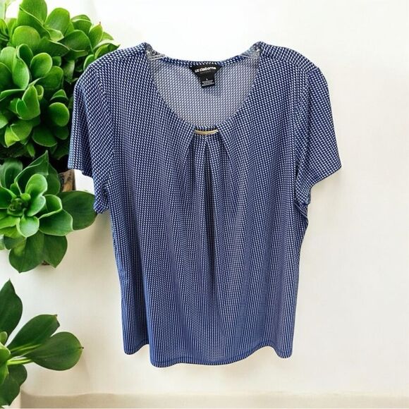 Liz Clairborne Career Womens Large Blue Black Geometric Short Sleeve Blouse - Picture 1 of 11